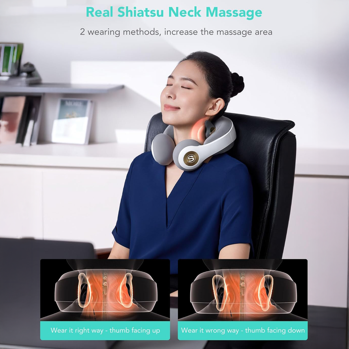 Shiatsu Neck & Shoulder Massager with Heat – Cordless Deep Tissue Relief by SKG showing usage in office with wearing methods.