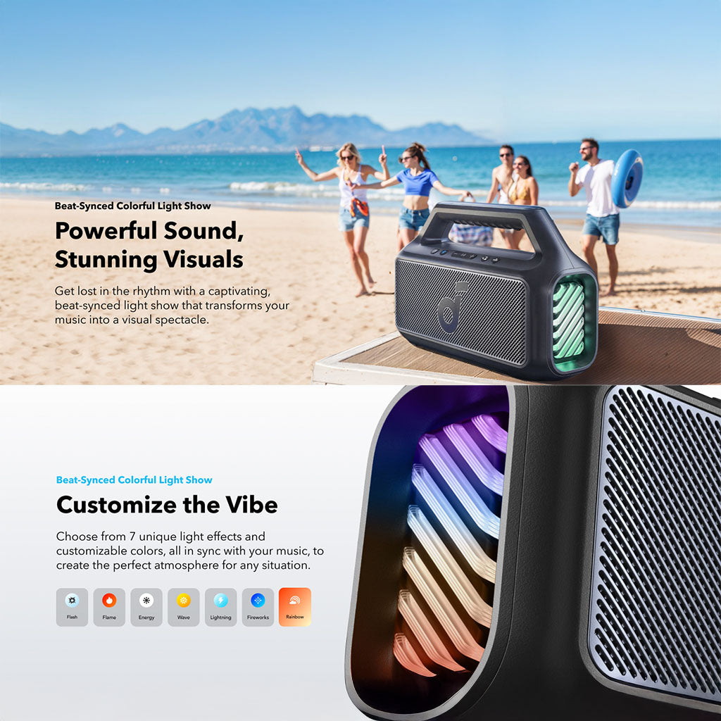 سماعة بلوتوث خارجية Boom 2، مقاومة للماء وقابلة للطفو، إضاءة RGB من Soundcore by Anker