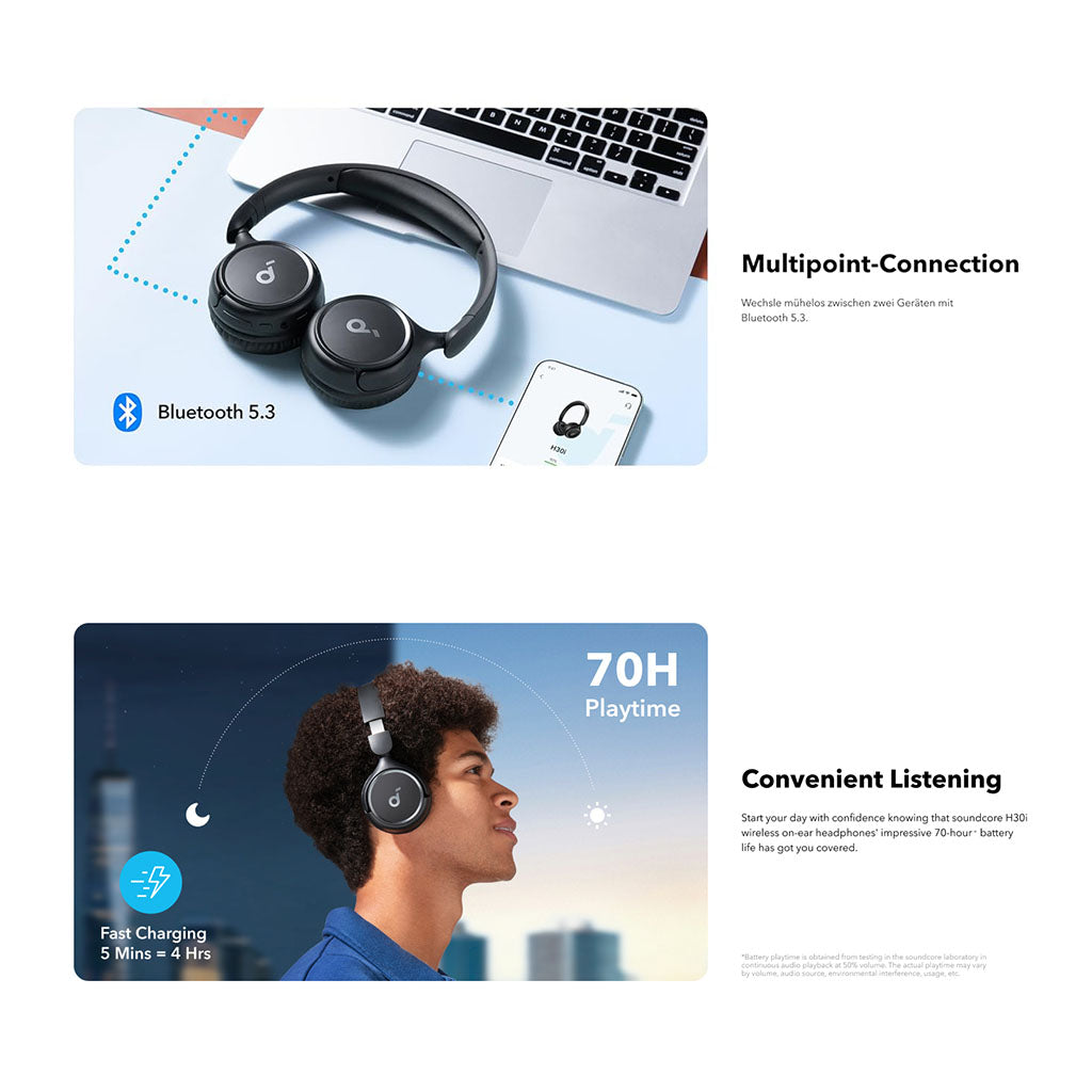 سماعات رأس لاسلكية فوق الأذن H30i – بطارية تدوم حتى 70 ساعة، تصميم خفيف للغاية، بلوتوث، وتخصيص الصوت عبر التطبيق (EQ) من Soundcore by Anker