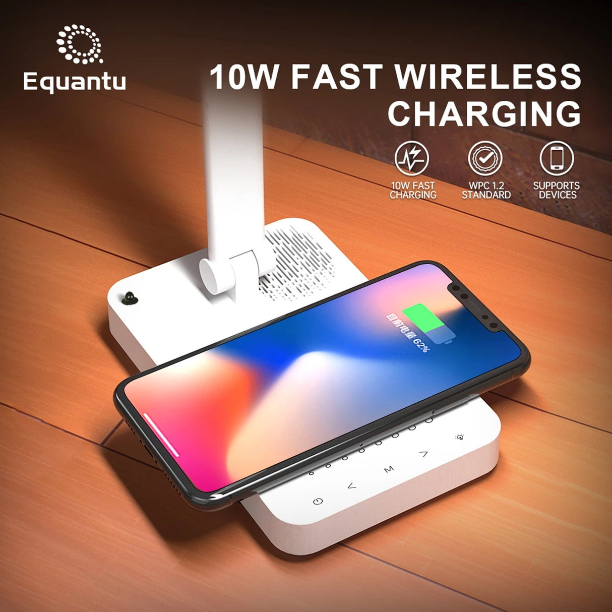 مصباح طاولة LED مع مكبر صوت قرآن وشحن لاسلكي 10 واط، صوت بلوتوث، إضاءة حماية للعين، تحكم عن بعد وتطبيق ذكي من Equantu