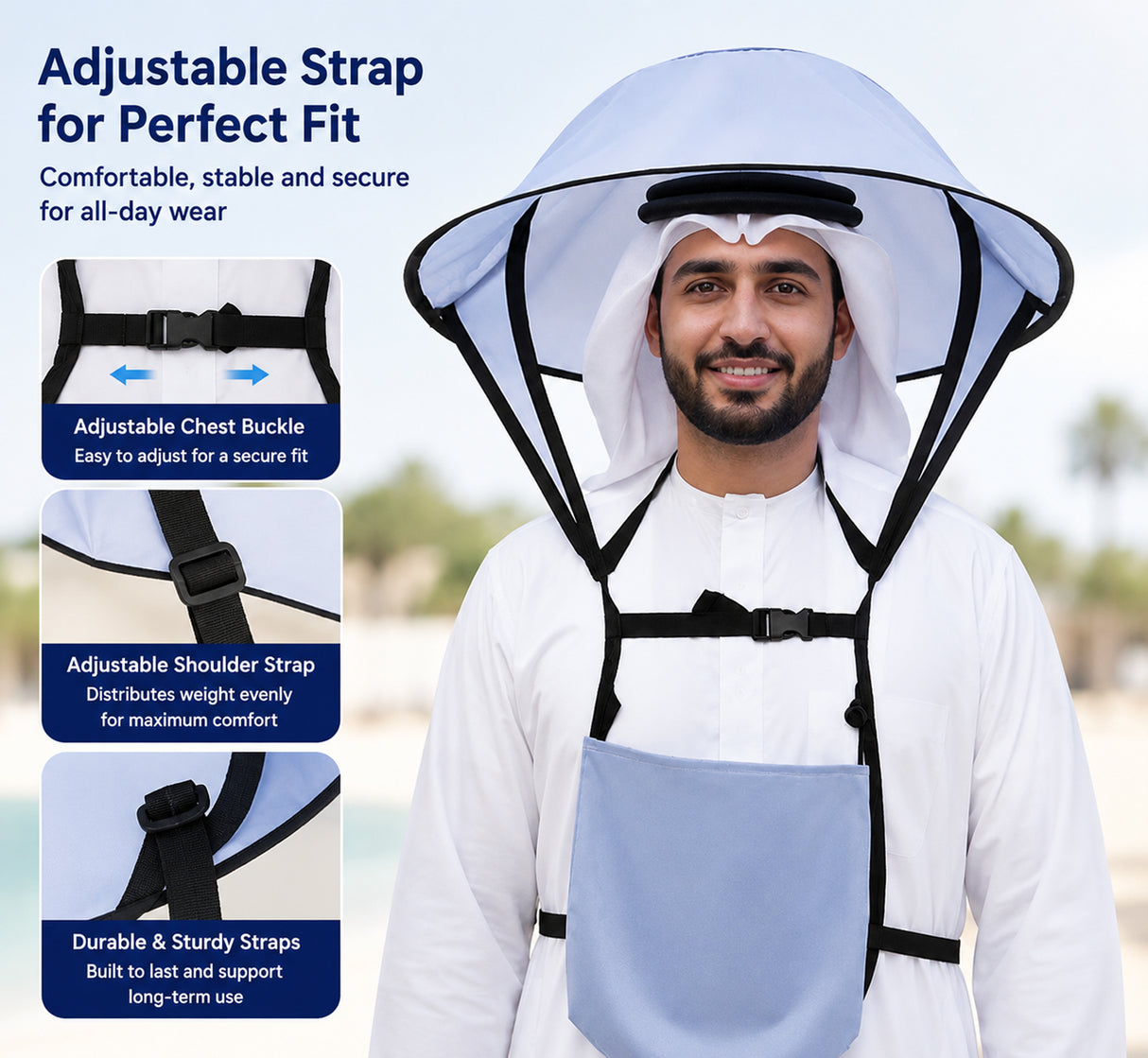 Handsfree UV Protection Umbrella Hat for Outdoor Camping, Beach & Hajj – Foldable Waterproof Sun Hat with Storage Bag for Men & Women
