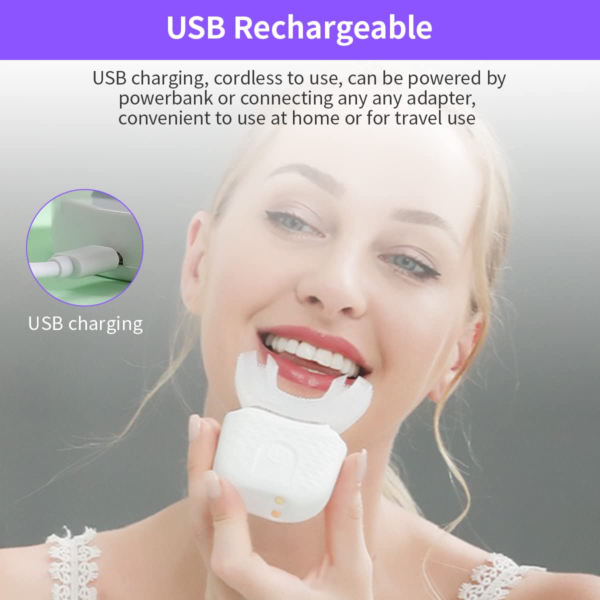 فرشاة أسنان كهربائية على شكل حرف U تعمل بالموجات فوق الصوتية للبالغين، معجلة لتبييض الأسنان، منظفة للأسنان