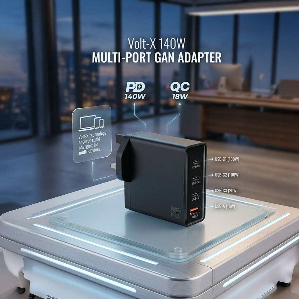 140W USB-C Charger with 4-Port Fast Charging Laptop and Smartphone Charger by Powerology