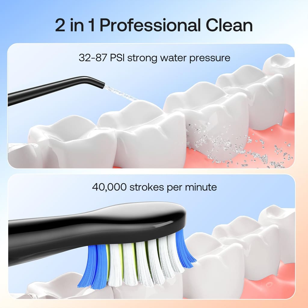 2-in-1 Sonic Electric Toothbrush and Cordless Water Flosser Combo, Bitvae E11 + F5020E electric toothbrush with 5 Brushing Modes and water flosser with 3 Flossing Mode
