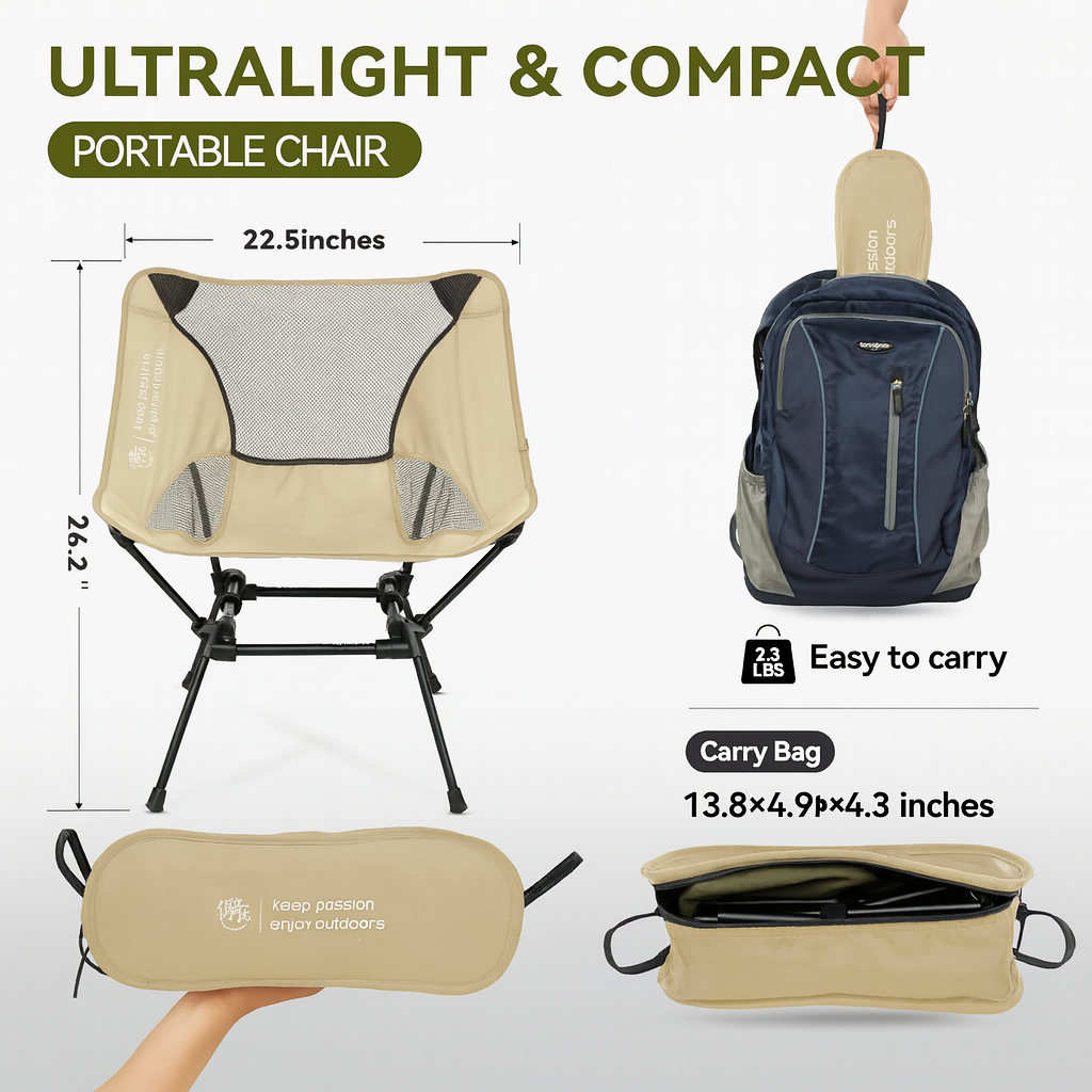 Ultralight Foldable Outdoor Chair – Design for Camping, Beach, Hiking, Wilderness & Fishing Adventures