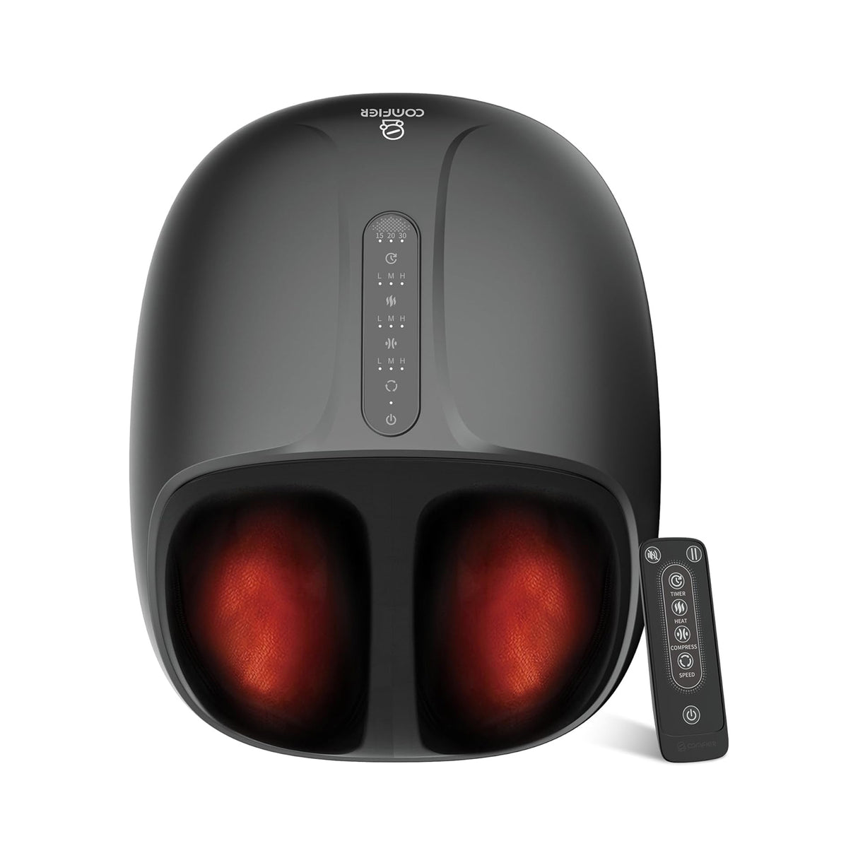 Black foot massager with glowing red interior and remote control on a white background