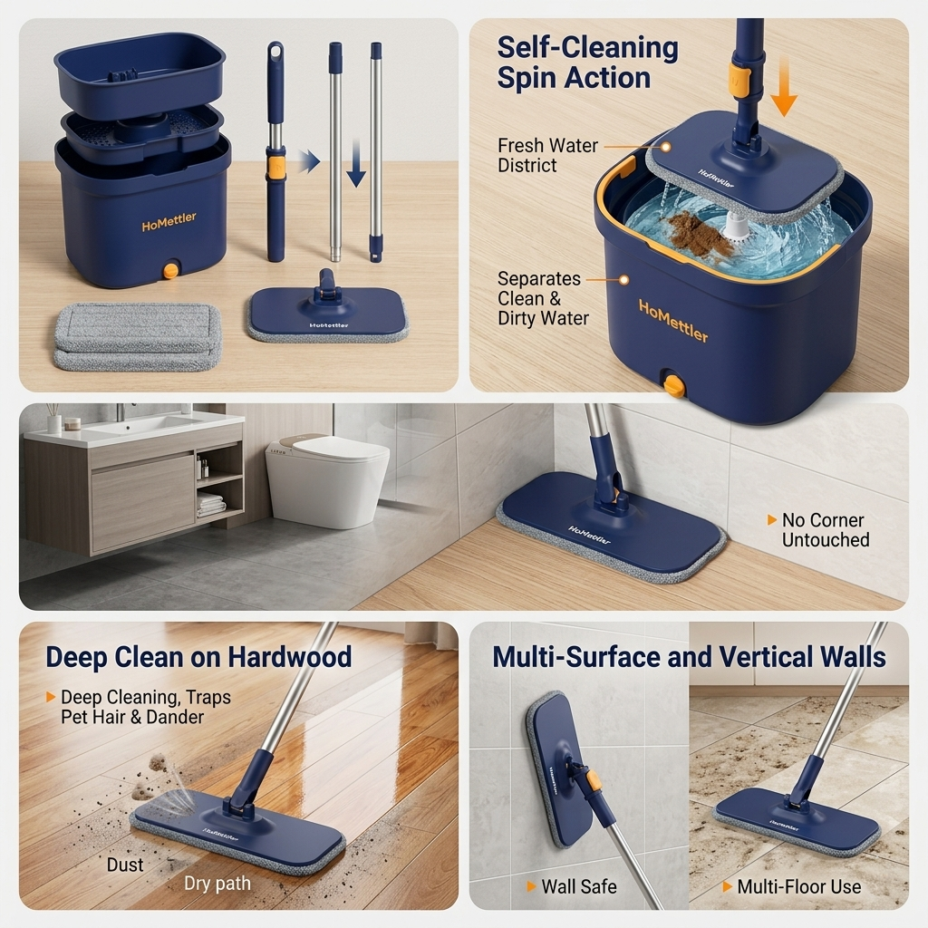 Self-Cleaning Square Spin Mop and Bucket with Clean & Dirty Water Separation for Dog & Cat Pet Hair Cleaning by Homettler