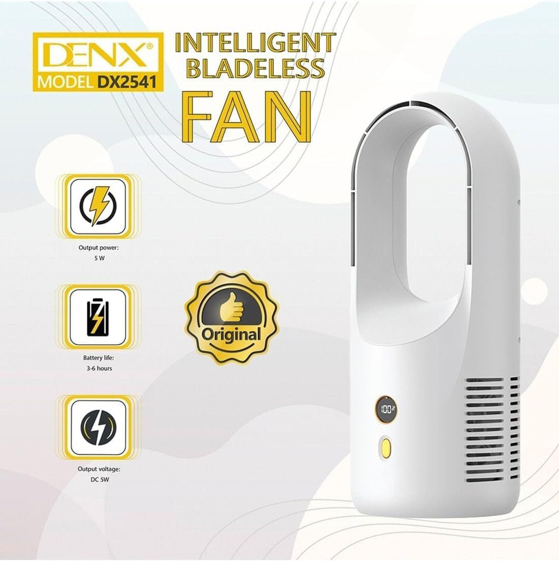 Intelligent Bladeless Fan, Portable Personal Desk Fan with 6-Speed 1800mAh Battery by Denx