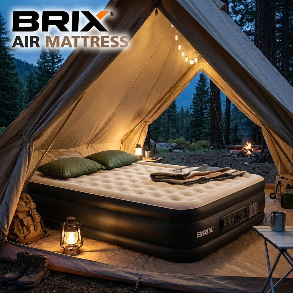 Raised Inflatable Air Mattress with Lithium Battery Pump, Removable Camping Light, Soft Flocked Top, Portable Guest Bed for Home, Travel and Outdoor Use by Brix