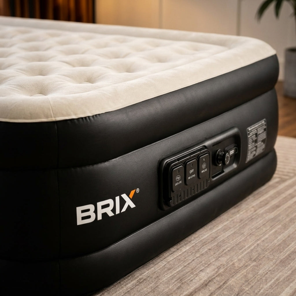 Raised Inflatable Air Mattress with Lithium Battery Pump, Removable Camping Light, Soft Flocked Top, Portable Guest Bed for Home, Travel and Outdoor Use by Brix