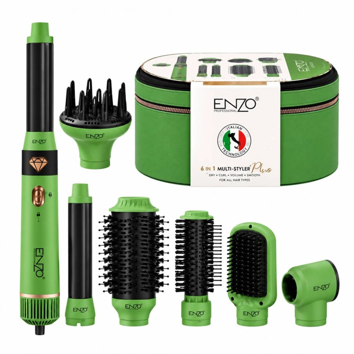 ENZO Professional 4133 Pro Supermotor 7-in-1 Hair Styler & Dryer Set – Multi-Functional Air Styling Brush with Auto Curling Barrels, Volumizing Brushes, Smoothing Brush, Diffuser & Drying Nozzle