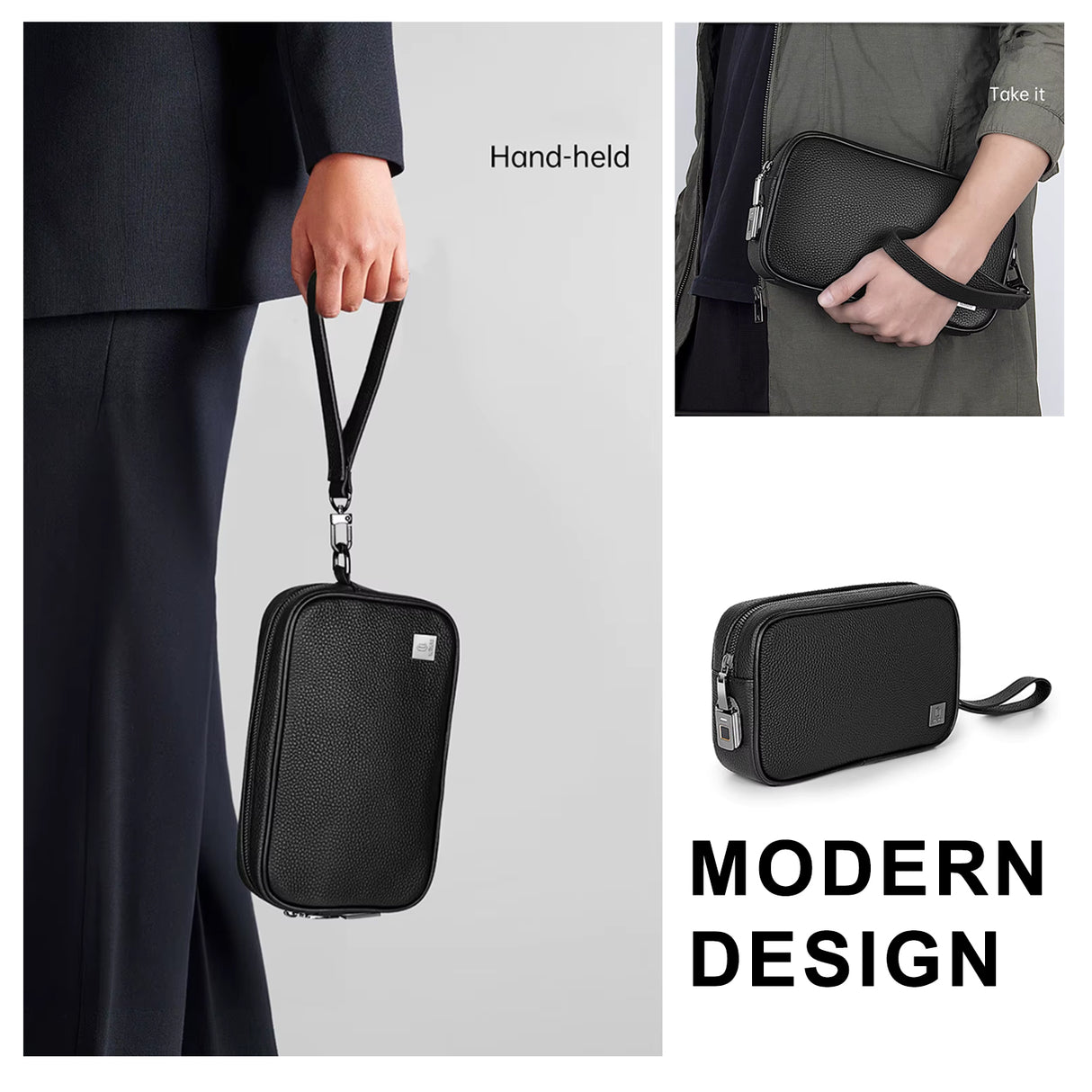 حقيبة يد متعددة الجيوب آمنة من الجلد الطبيعي الفاخر مع قفل ببصمة الإصبع من WiWU