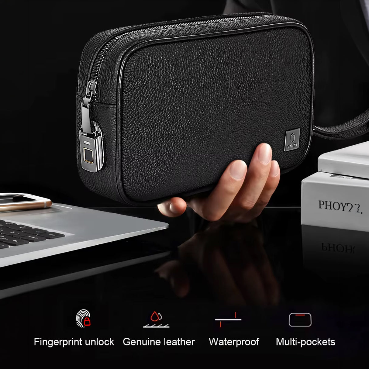حقيبة يد متعددة الجيوب آمنة من الجلد الطبيعي الفاخر مع قفل ببصمة الإصبع من WiWU