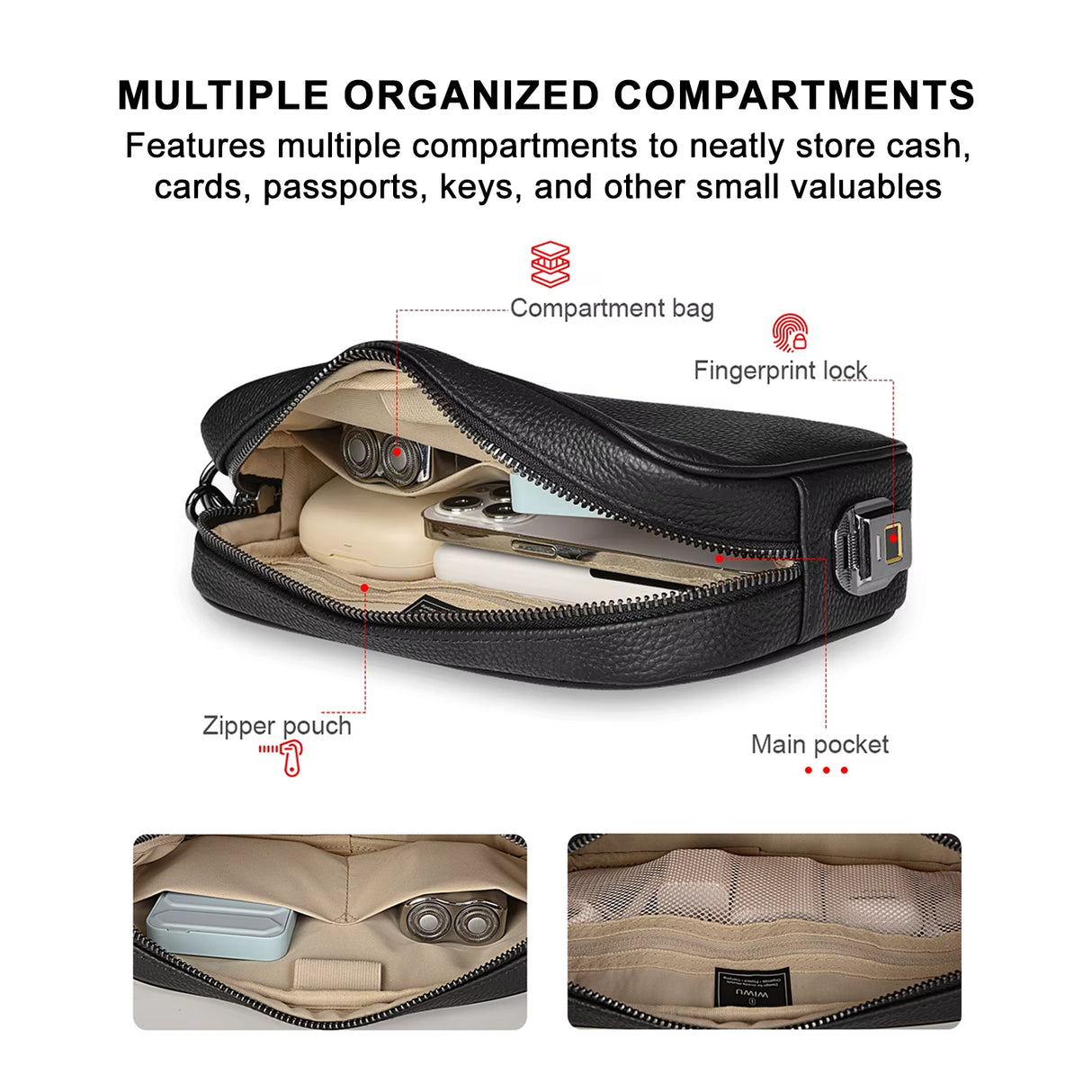 حقيبة يد متعددة الجيوب آمنة من الجلد الطبيعي الفاخر مع قفل ببصمة الإصبع من WiWU