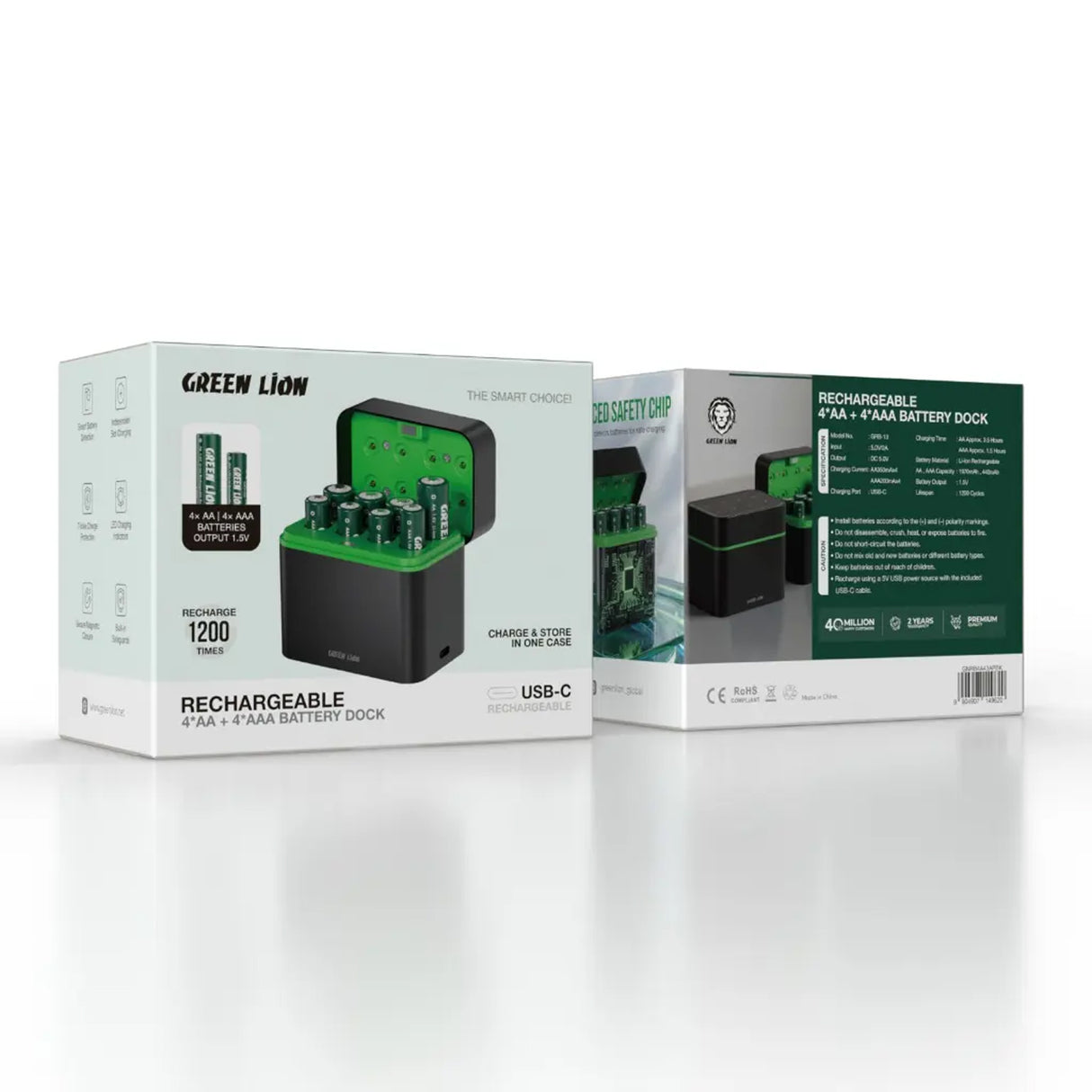 قاعدة شحن بطاريات AA وAAA بجهد 1.5 فولت ليثيوم مع منفذ USB-C موديل من Green Lion