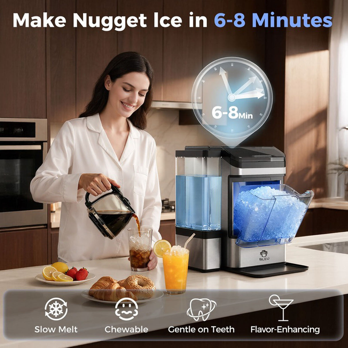 Portable Nugget Ice Maker Countertop with Self-Cleaning, Dual Water Tank, Quiet 45dB Operation & 38lbs Daily Ice Production