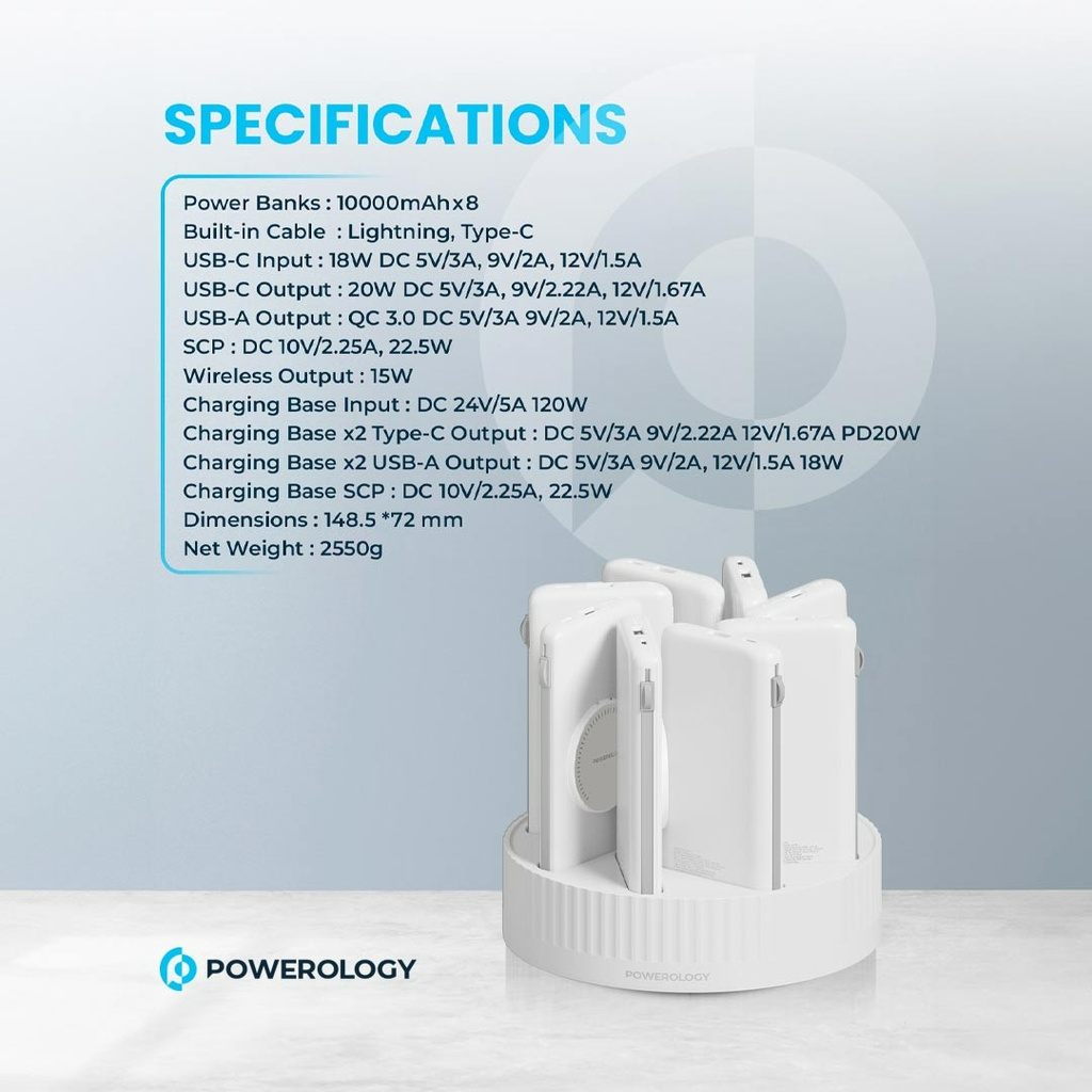 8-in-1 10000mAh Power Bank Charging Station with 120W Base 20W PD and 15W Wireless Charging by Powerology