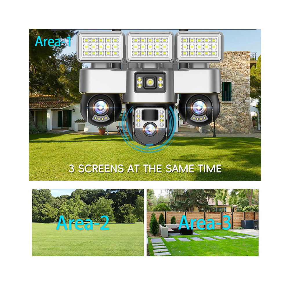 كاميرا مراقبة تعمل بالطاقة الشمسية 4G - عدسة ثلاثية بدقة 6 ميجابكسل، IP66 خارجية، رؤية ليلية، تنبيهات حركة، إضاءة شوارع مدمجة