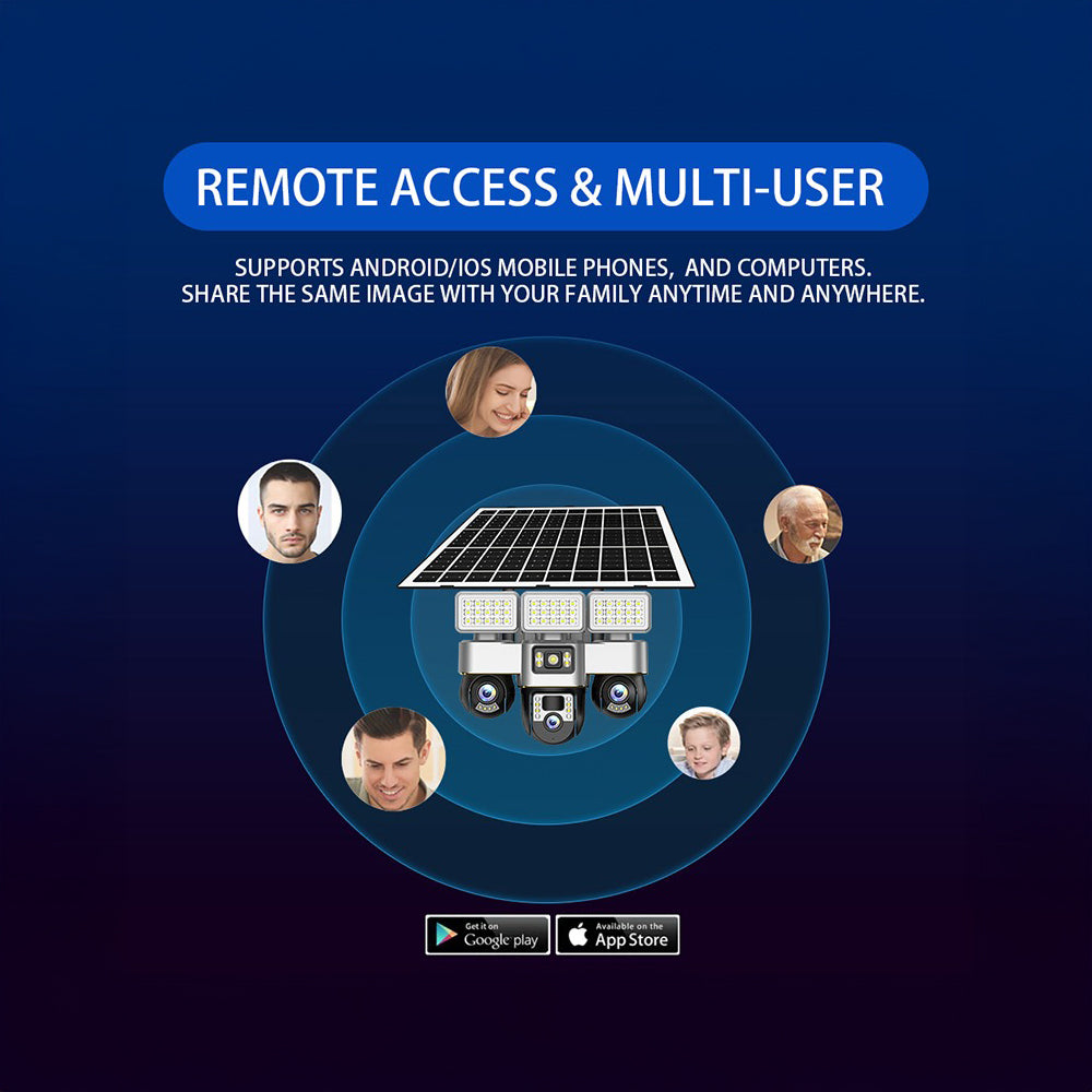 كاميرا مراقبة تعمل بالطاقة الشمسية 4G - عدسة ثلاثية بدقة 6 ميجابكسل، IP66 خارجية، رؤية ليلية، تنبيهات حركة، إضاءة شوارع مدمجة