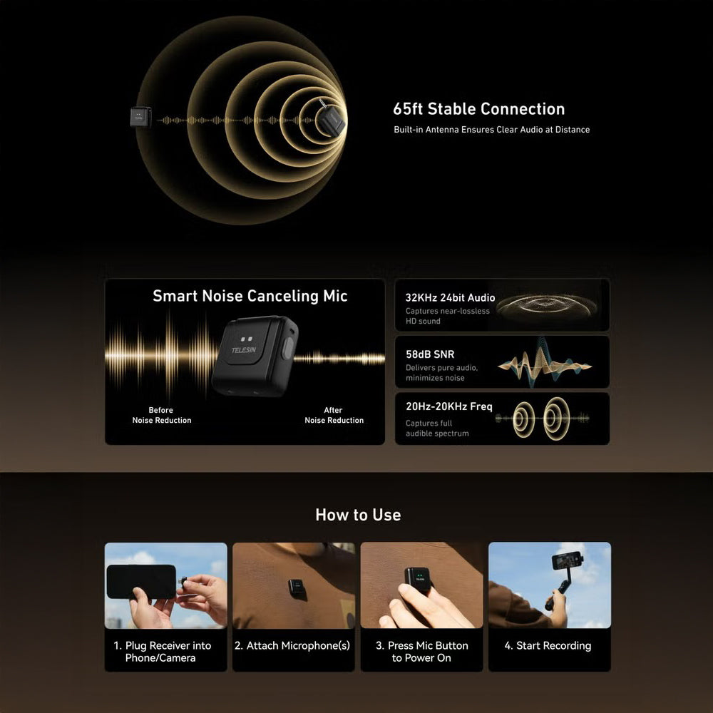 ميكروفون Lavalier لاسلكي 2 في 1، ميكروفون ياقة قابل للتوصيل والتشغيل للهواتف الذكية، صوت واضح مع خاصية إلغاء الضوضاء للتدوين بالفيديو، من TELESIN.