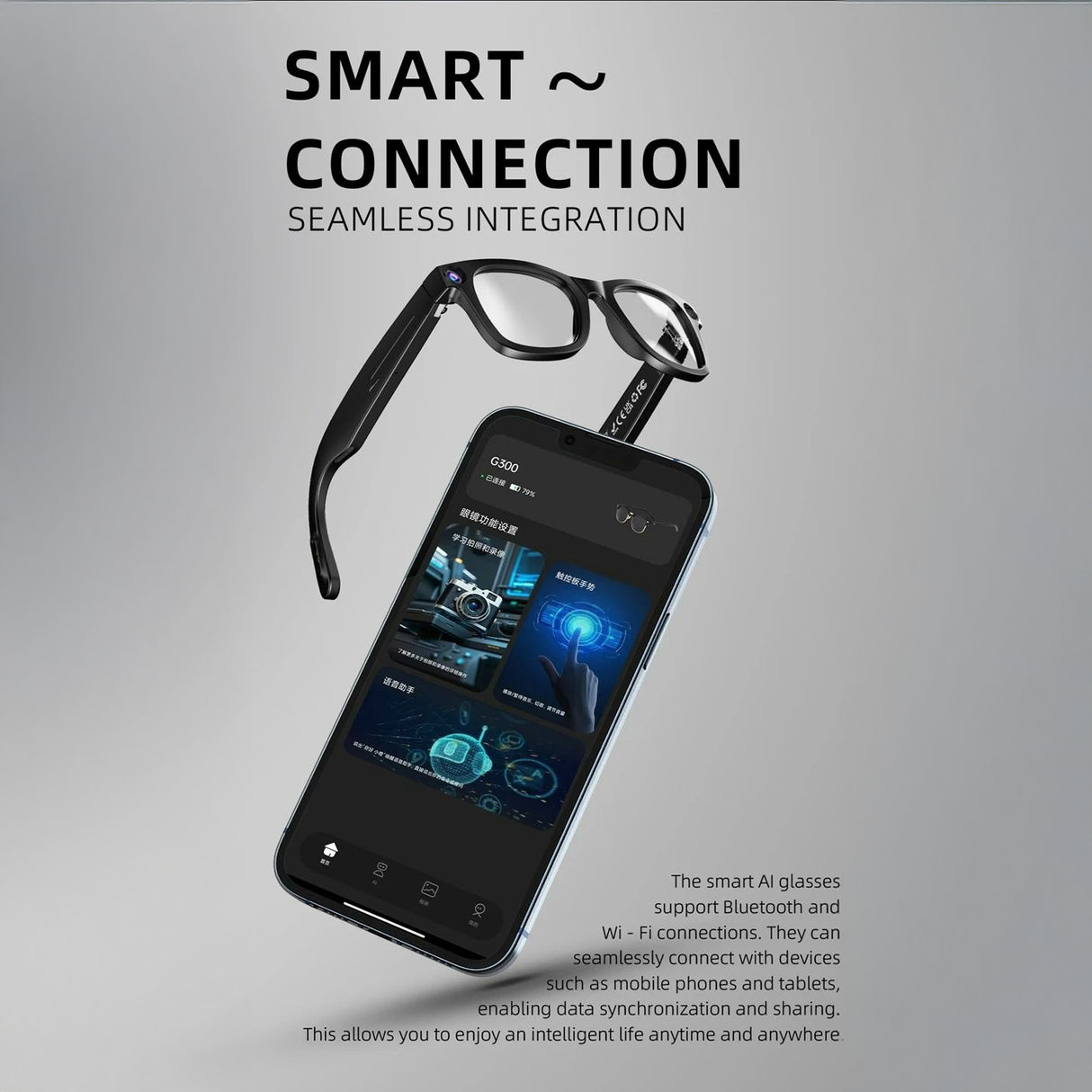 نظارات ذكية مزودة بكاميرا بدقة 8 ميجابكسل، وترجمة فورية، ومكالمات لاسلكية، ونقل عبر شبكة Wi-Fi، ومتوافقة مع نظام Android.