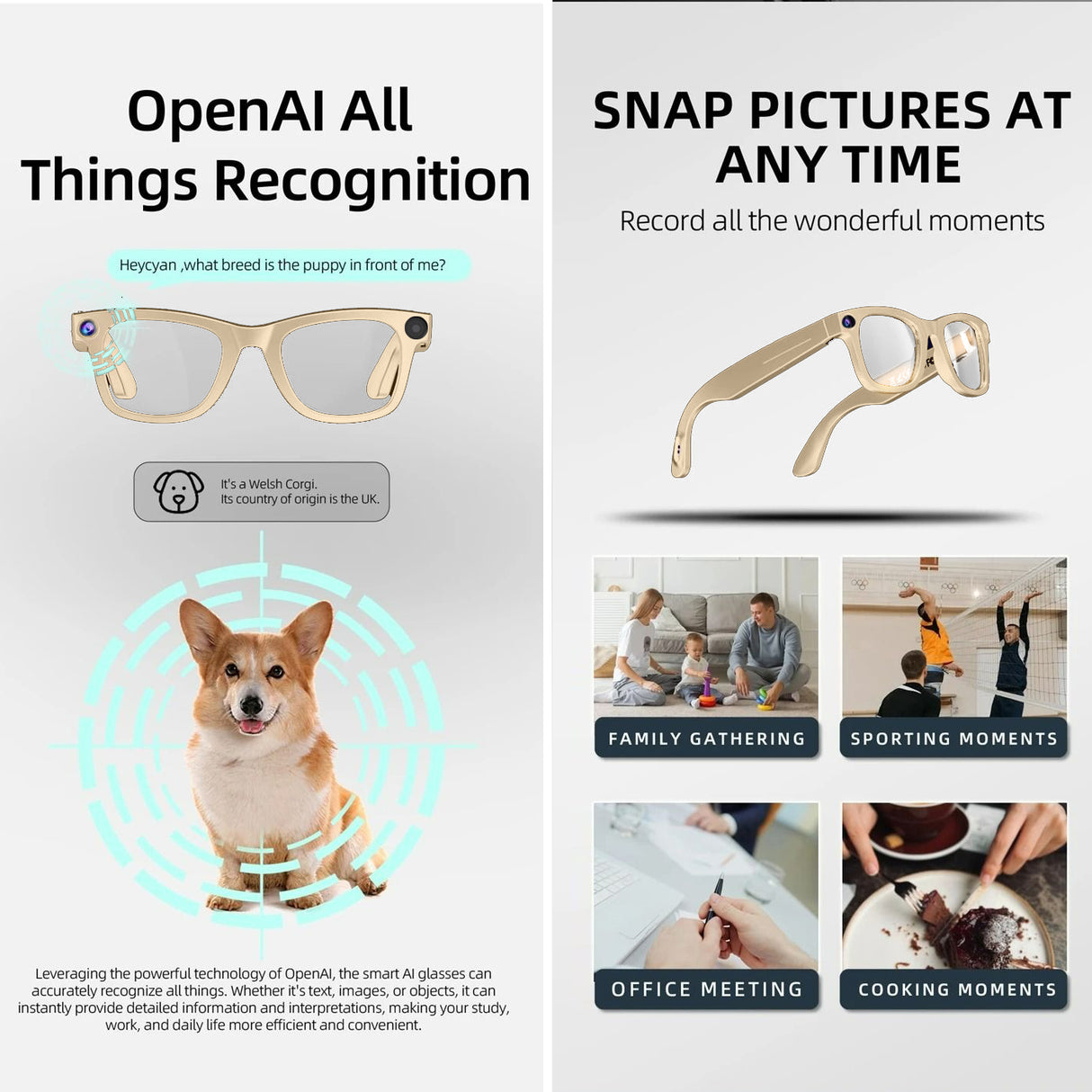 نظارات ذكية مزودة بكاميرا بدقة 8 ميجابكسل، وترجمة فورية، ومكالمات لاسلكية، ونقل عبر شبكة Wi-Fi، ومتوافقة مع نظام Android.