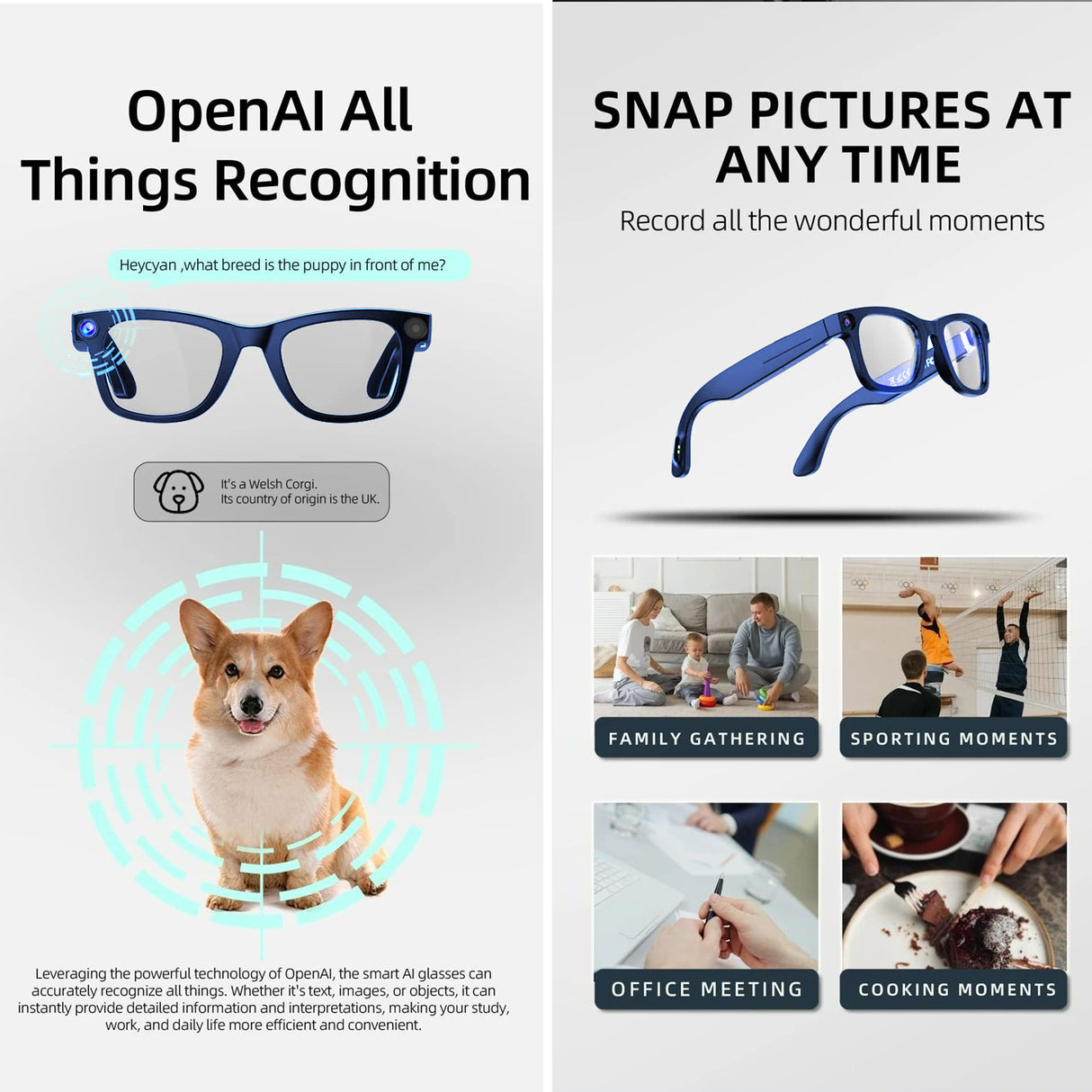 نظارات ذكية مزودة بكاميرا بدقة 8 ميجابكسل، وترجمة فورية، ومكالمات لاسلكية، ونقل عبر شبكة Wi-Fi، ومتوافقة مع نظام Android.