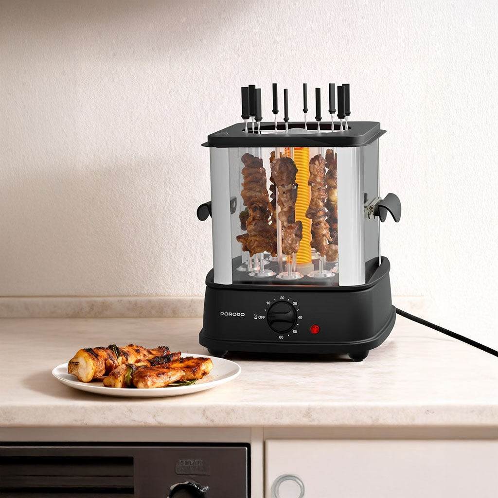 شواية كباب دوّارة كهربائية – 900 واط من الستانلس ستيل مع 10 أسياخ من Porodo