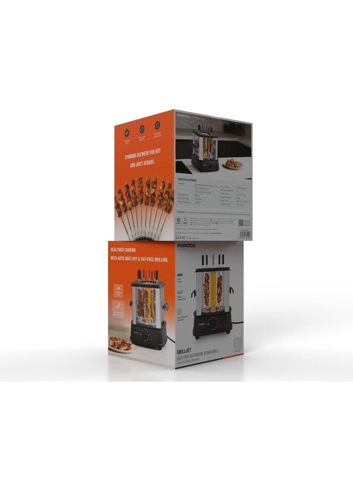 شواية كباب دوّارة كهربائية – 900 واط من الستانلس ستيل مع 10 أسياخ من Porodo