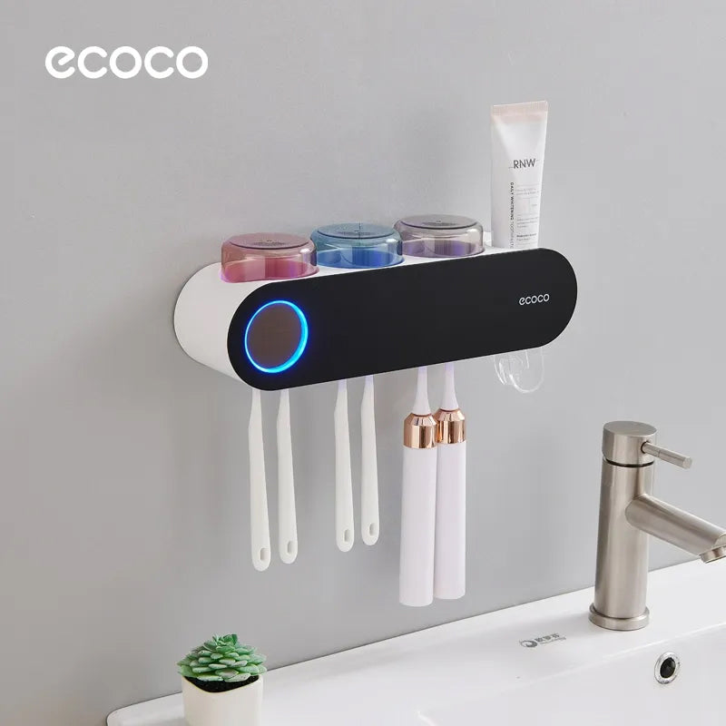 حامل فرشاة الأسنان الكهربائية المثبت على الحائط مع 3 أكواب، معقم للأشعة فوق البنفسجية وموزع معجون أسنان - منظم حمام ذكي من ECOCO