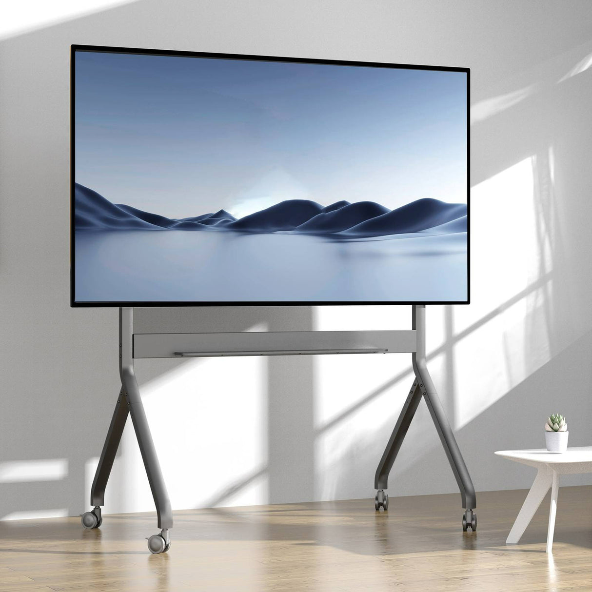 عربة تلفزيون متحركة بمحرك، حامل رفع كهربائي عالي التحمل لشاشة تلفزيون بحد أقصى 110 بوصة أو لوحة ذكية