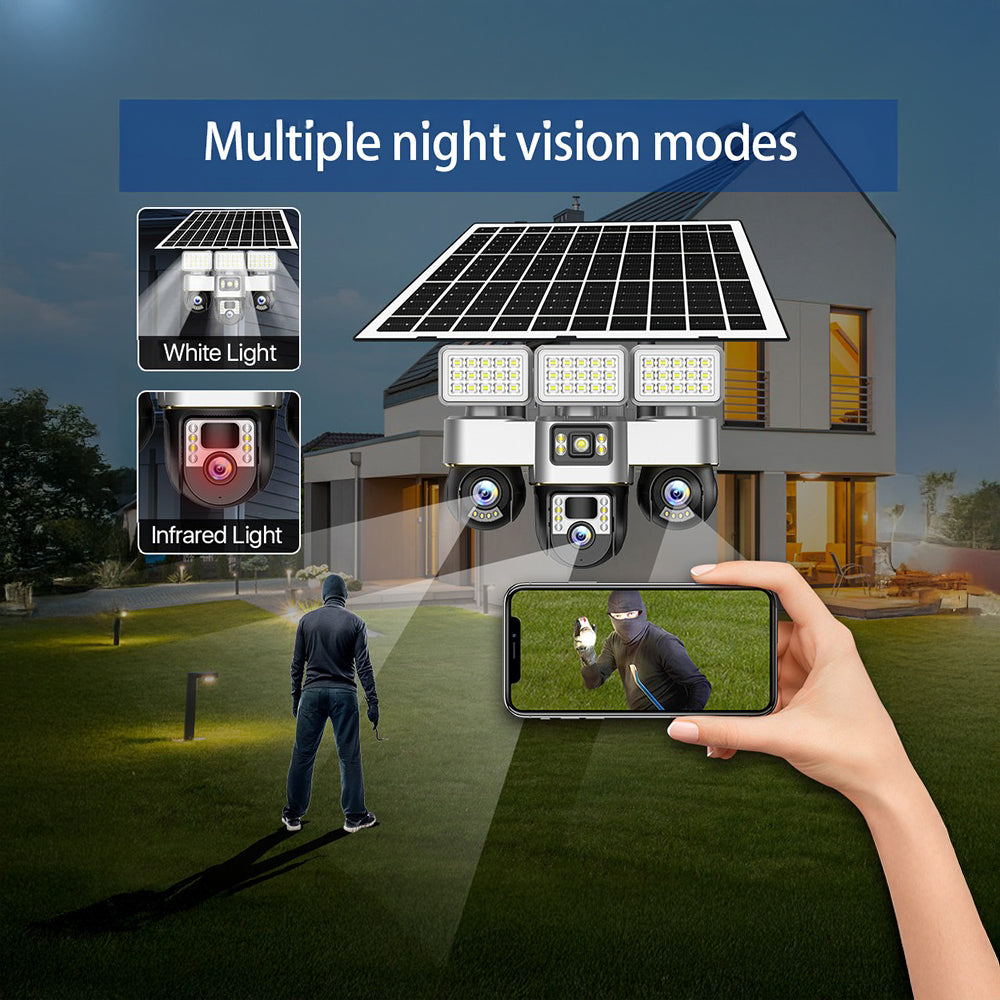 كاميرا مراقبة تعمل بالطاقة الشمسية 4G - عدسة ثلاثية بدقة 6 ميجابكسل، IP66 خارجية، رؤية ليلية، تنبيهات حركة، إضاءة شوارع مدمجة