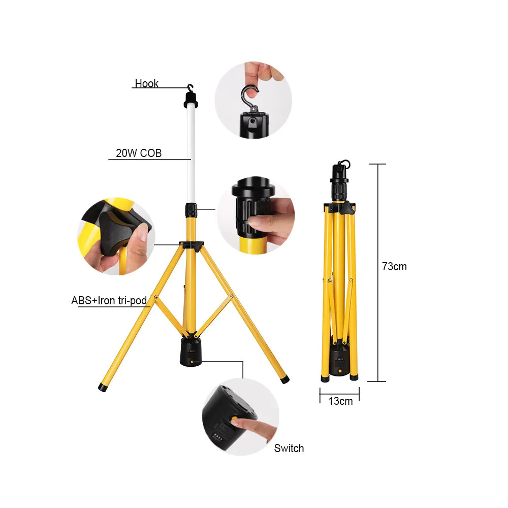 مصباح عمل LED محمول 20 واط - 2000 لومن، حامل ثلاثي القوائم، قابل لإعادة الشحن من Messicraft.