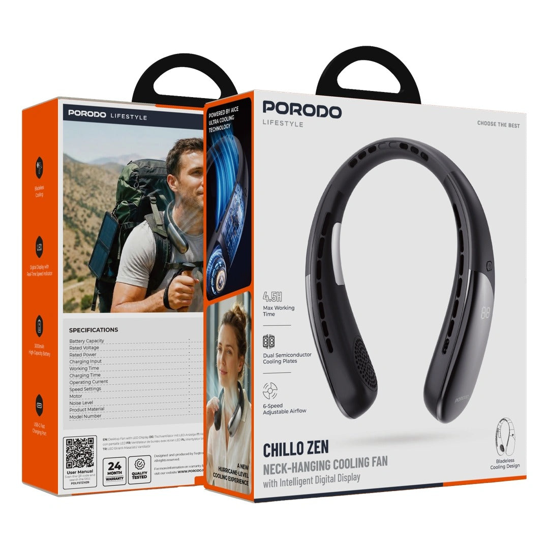 Chillo Zen Neck-Hanging Cooling Fan with Dual Semiconductor Cooling Plates & Intelligent Digital Display by Porodo