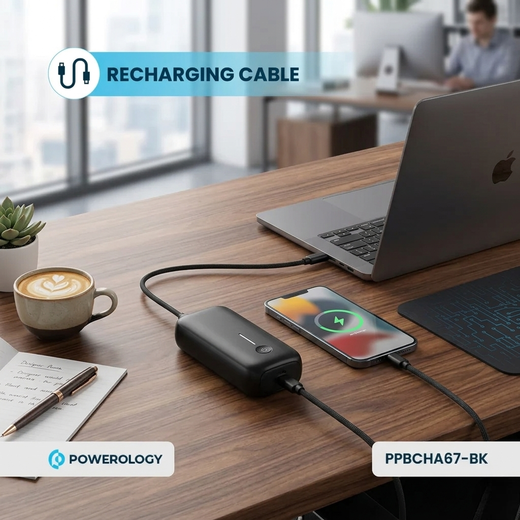 باور بانك بسعة 20000 مللي أمبير مع كابل USB-C مدمج، شحن سريع – شاحن محمول مدمج عالي السعة لثلاثة أجهزة من Powerology