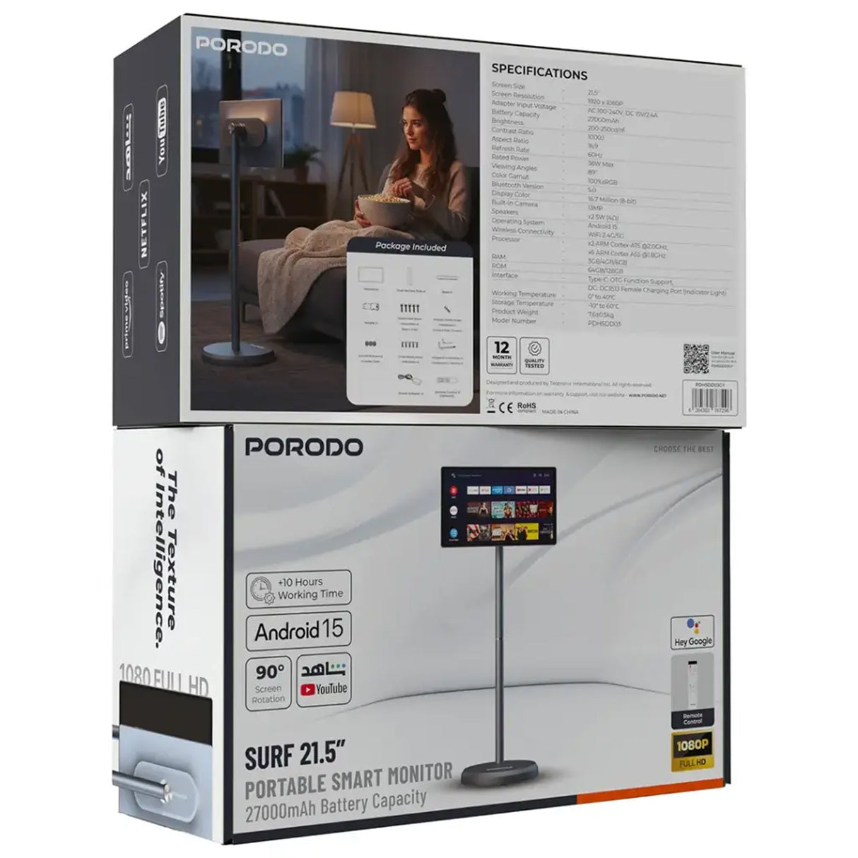شاشة ذكية Surf مقاس 21.5 بوصة محمولة بعجلات، بطارية 27000mAh، شاشة لمس 1080P قابلة للدوران مع نظام Android 15 من Porodo