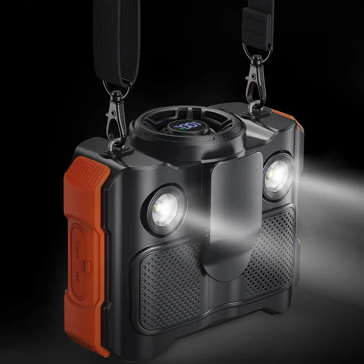 Portable Waist Fan with Bluetooth Speaker and Led Headlight 8000mAh Battery, 5-Speed by Porodo