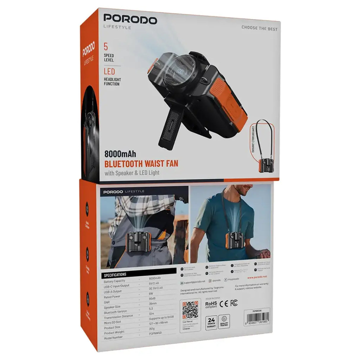 Portable Waist Fan with Bluetooth Speaker and Led Headlight 8000mAh Battery, 5-Speed by Porodo