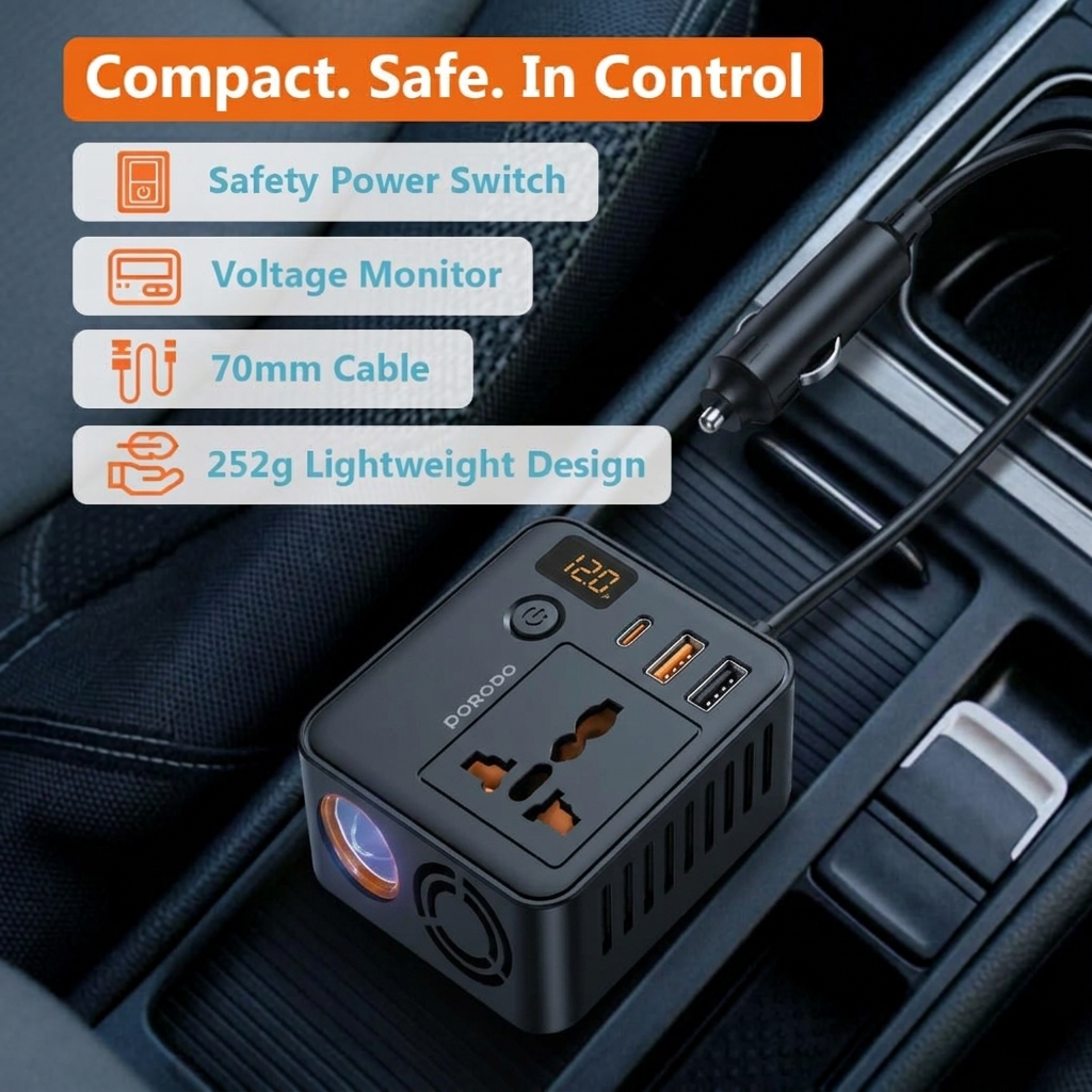 محول طاقة سيارة محمول 200 واط من 12 فولت DC إلى 220 فولت AC مع منافذ USB للشحن السريع من Porodo