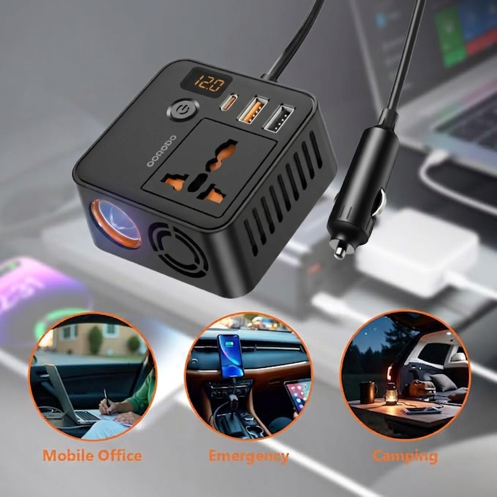 محول طاقة سيارة محمول 200 واط من 12 فولت DC إلى 220 فولت AC مع منافذ USB للشحن السريع من Porodo