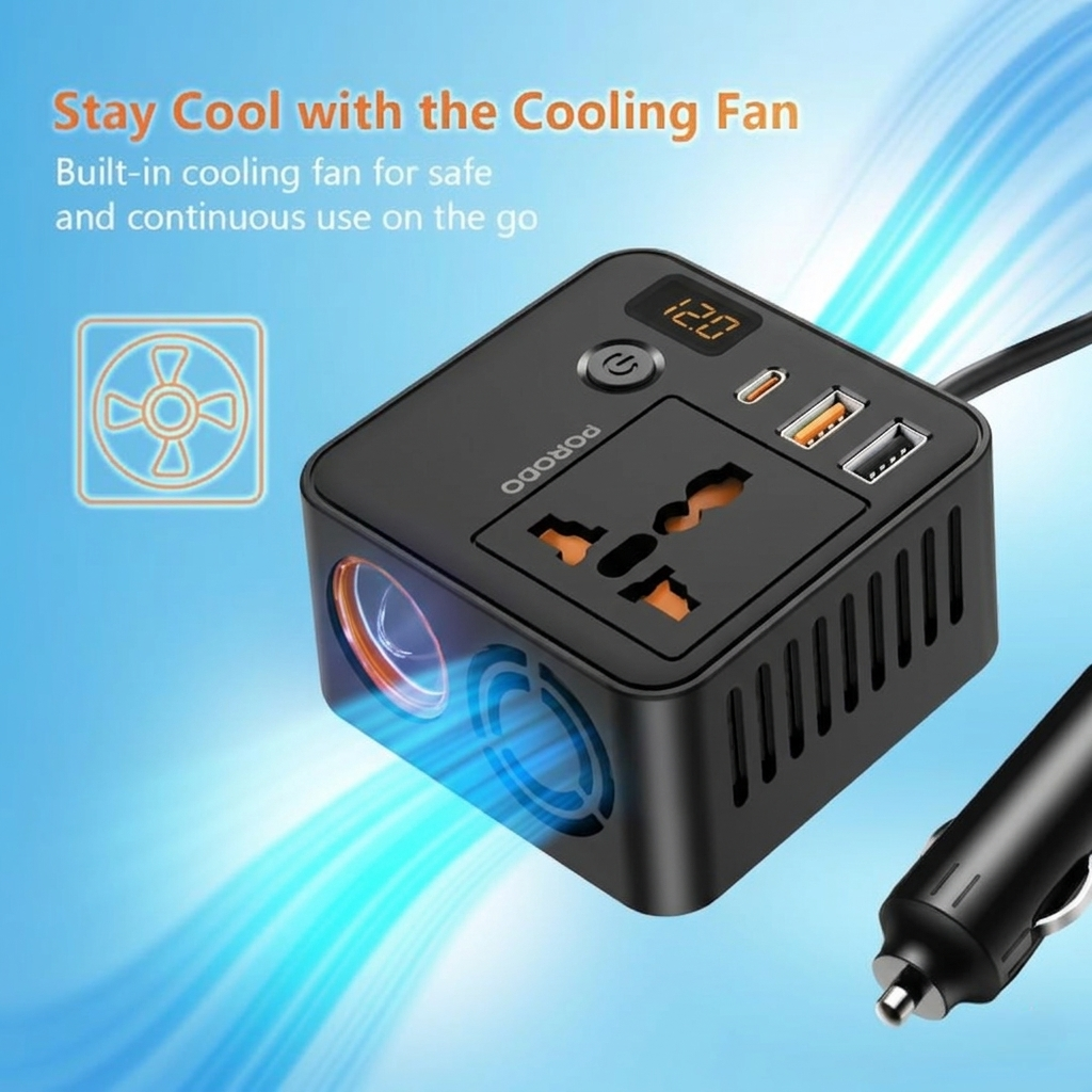 محول طاقة سيارة محمول 200 واط من 12 فولت DC إلى 220 فولت AC مع منافذ USB للشحن السريع من Porodo