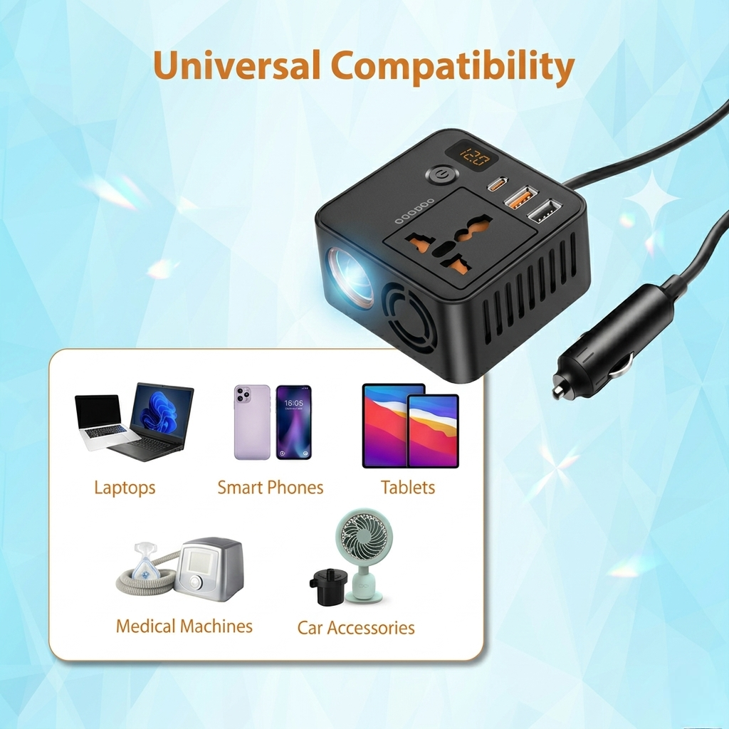 محول طاقة سيارة محمول 200 واط من 12 فولت DC إلى 220 فولت AC مع منافذ USB للشحن السريع من Porodo