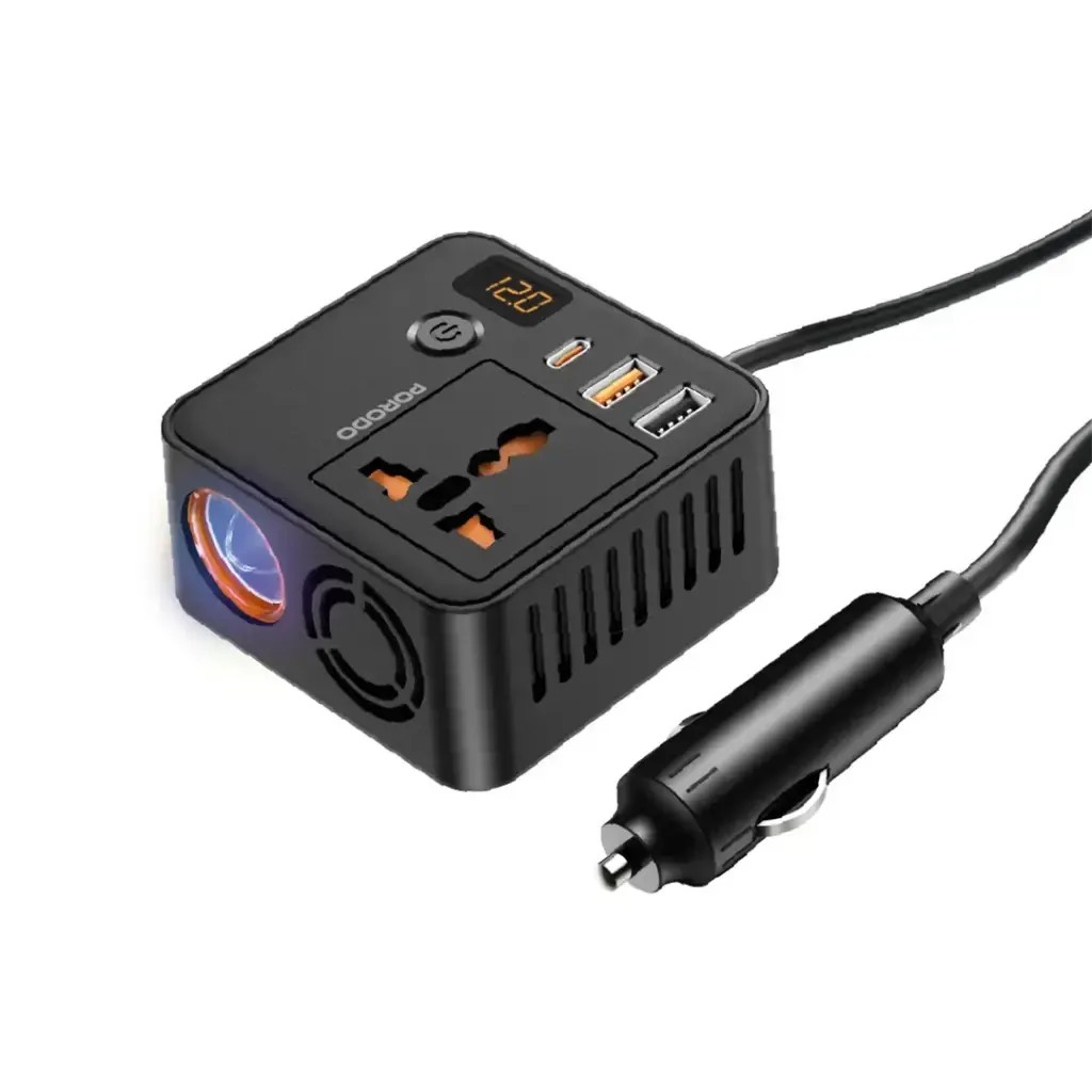 محول طاقة سيارة محمول 200 واط من 12 فولت DC إلى 220 فولت AC مع منافذ USB للشحن السريع من Porodo