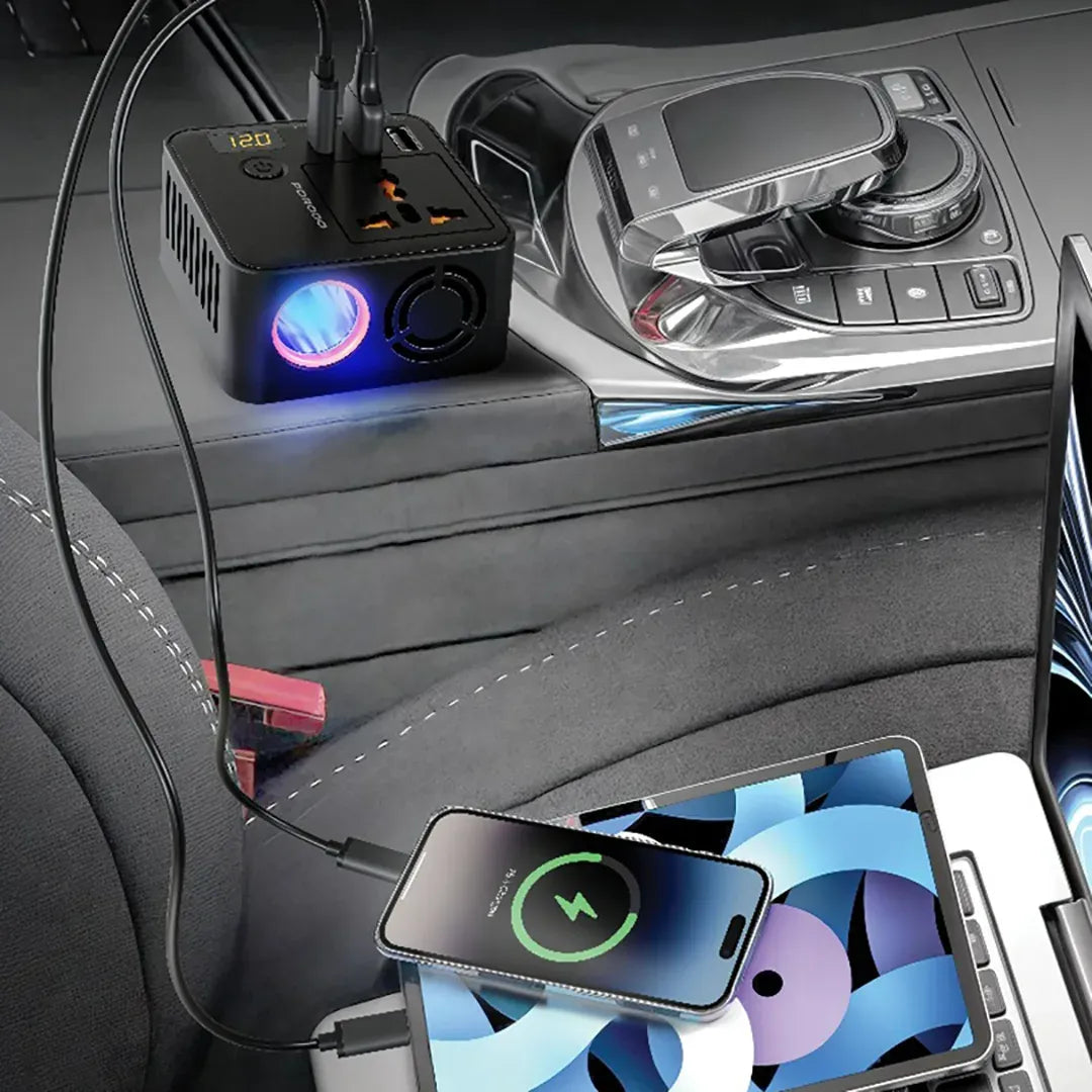 محول طاقة سيارة محمول 200 واط من 12 فولت DC إلى 220 فولت AC مع منافذ USB للشحن السريع من Porodo