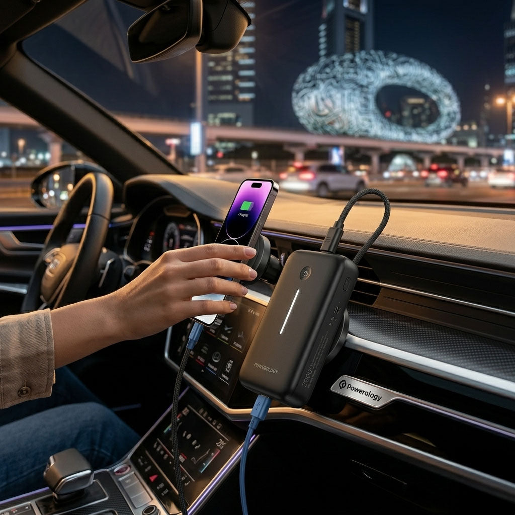 باور بانك بسعة 20000 مللي أمبير مع كابل USB-C مدمج، شحن سريع – شاحن محمول مدمج عالي السعة لثلاثة أجهزة من Powerology