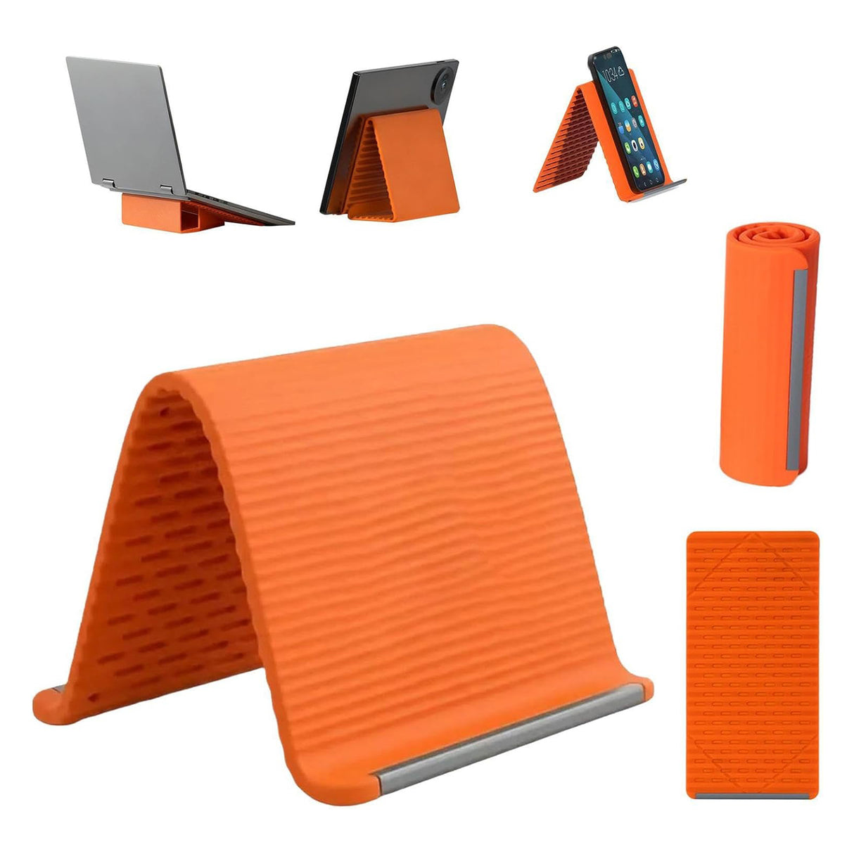 An orange foldable silicone laptop and tablet stand shown in multiple configurations on a white background, including open as a laptop support, angled as a tablet stand, rolled up, and as a rectangular accessory piece.
