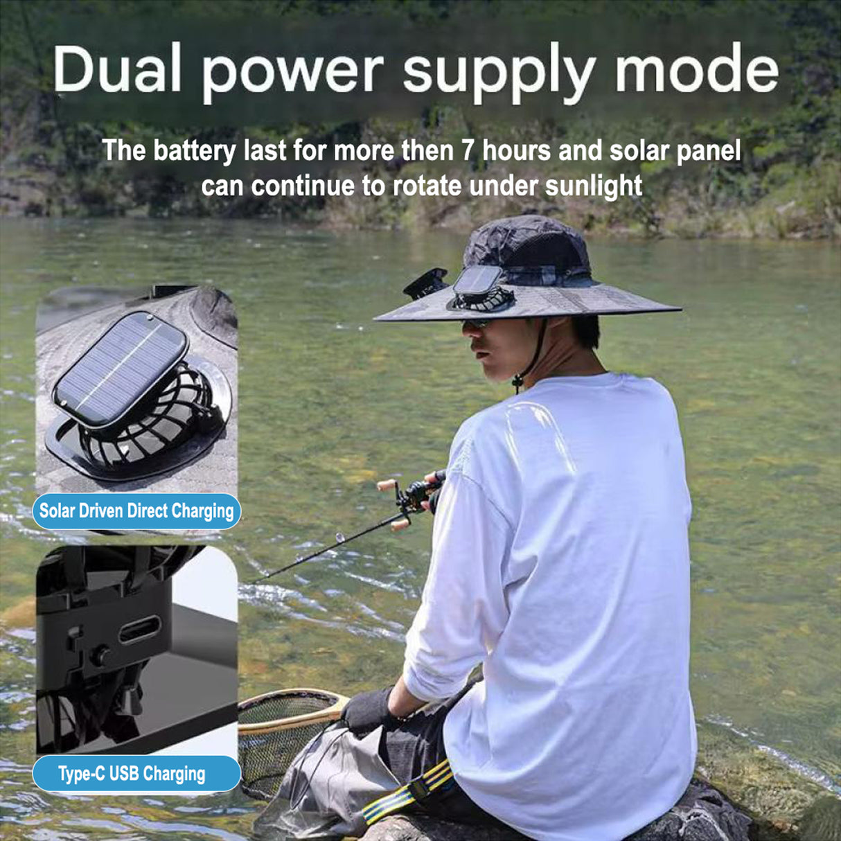 Solar Hat Fan Wide Brim Sun Hat UV Protection Fishing and Camping Hat for Hiking, Farming, Beach and Outdoor Activities