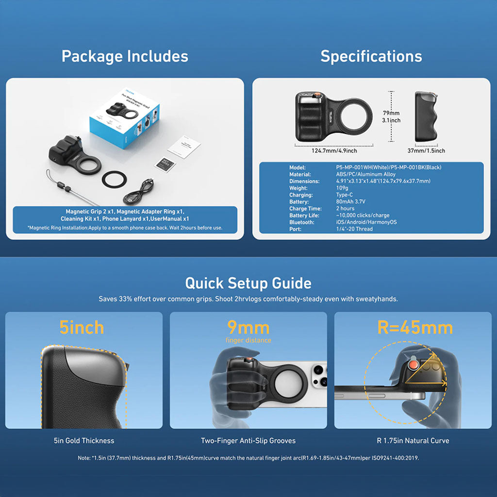 قبضة كاميرا مغناطيسية للهاتف الجيل الثاني مع ريموت لاسلكي ومقبض تثبيت سريع للهواتف الذكية من TELESIN