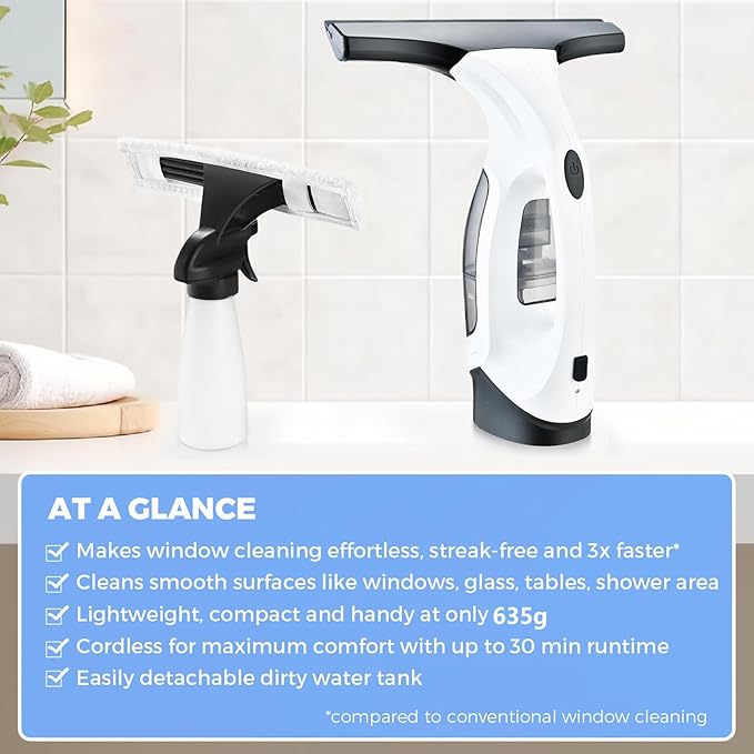 Cordless Window Vacuum Cleaner with 2200mAh Rechargeable Battery, 28cm Electric Squeegee and Spray Bottle