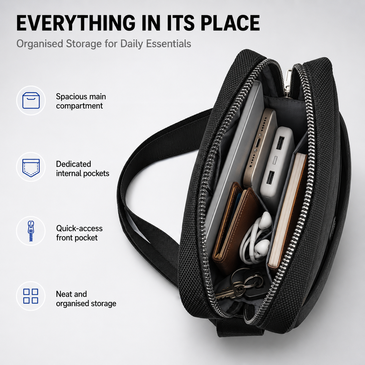 Hali Sling Shoulder Bag, Lightweight Crossbody Travel Bag with Adjustable Strap and Multiple Compartments by WiWU
